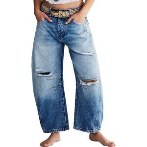 Free People We The Free Good Luck Barrel jeans distressed in Barnyard blue
